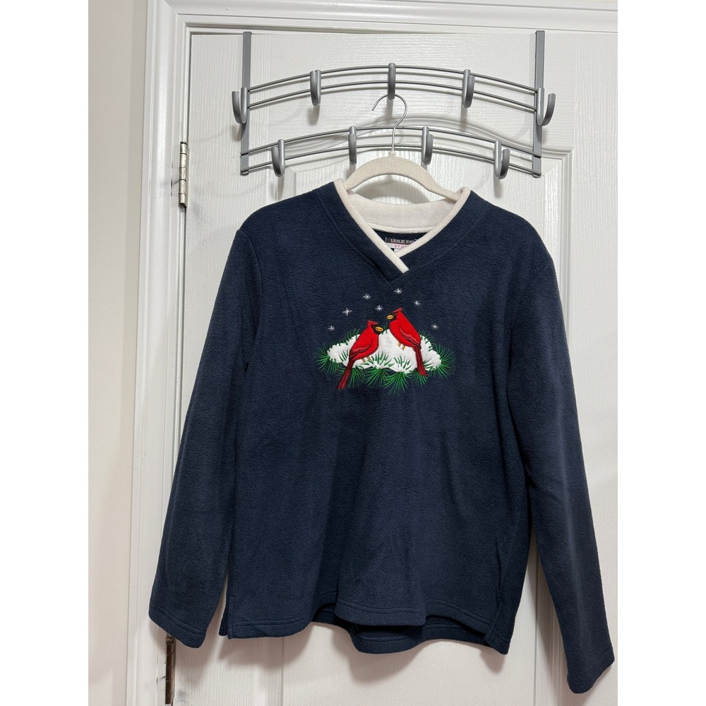 Vintage Leslie Fay Sport‎ Cardinal Embroidered Fleece Sweater Womens S Navy Blue